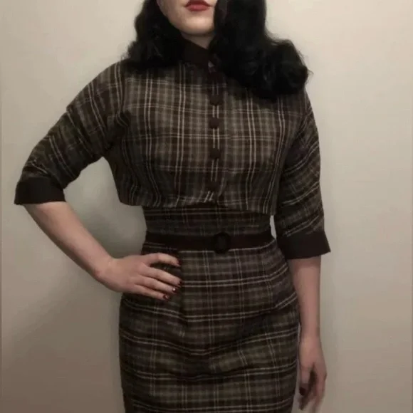 Plaid Dress vintage reproduction wiggle dress - Picture 2 of 8